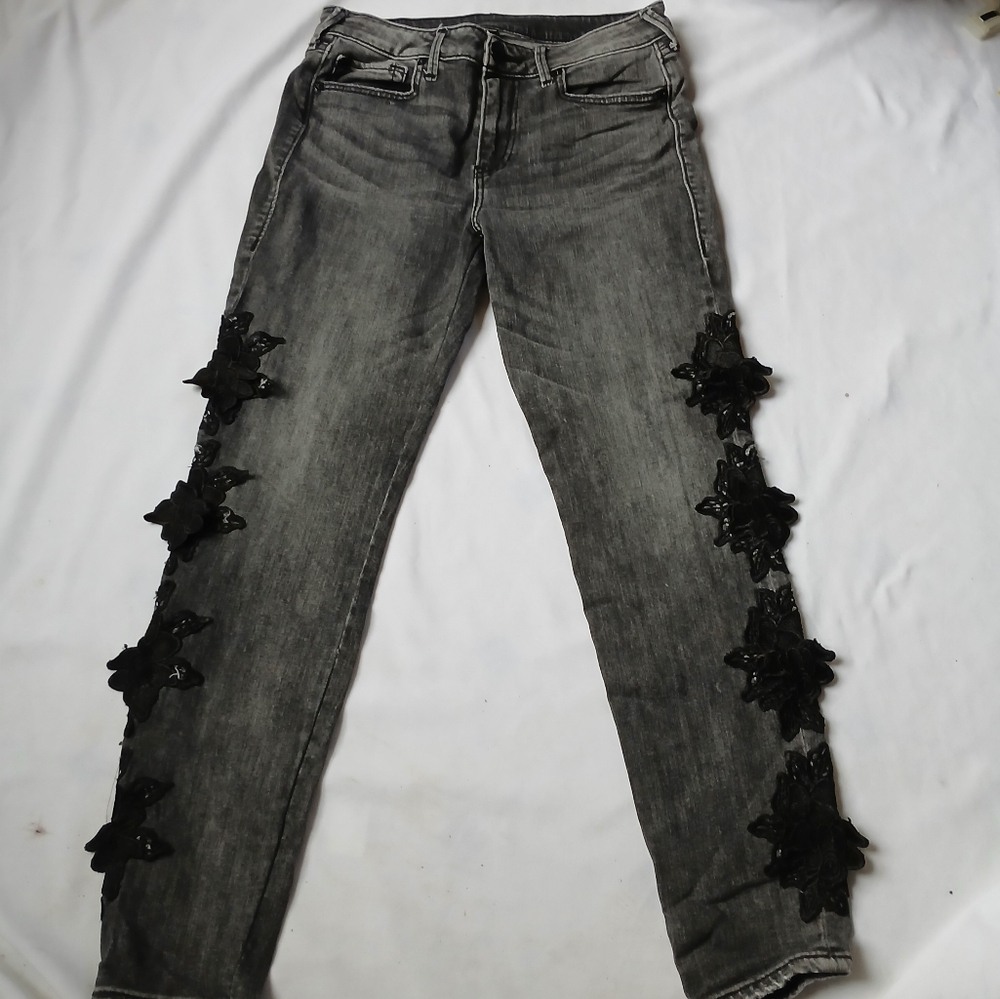 True Religion Jeans Womens 31 Floral Applique Faded‎ Black Grunge Fairy Goth Y2K